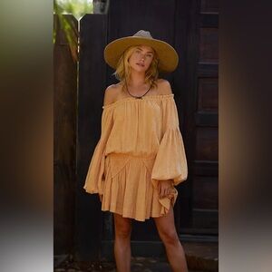 🌼 Free People Gaia Mini Dress 🌼 Size S | Mustard Boho Off-Shoulder